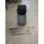 Galvanised coal scuttle, fire guard and brass fireplace items