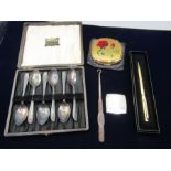 A collectors lot- Strattons compact, pen, silver plated spoon set and vintage button/boot hook