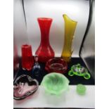 Coloured glass vases, jugs etc