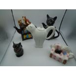 4 Cat themed Teapots to include - Carlton ware, Coopercraft, and Tony Wood plus a Wood potters of