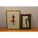 Two Art Deco pen, ink and watercolour illustrations - Lady in the snow 21 x 13 cm and Lady archer.