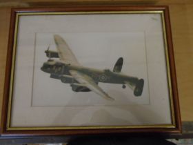 A Lancaster bomber print and a print of a Hertfordshire pub 'The fighting cocks'