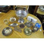 Mixed metalware including part cruet set, letter rack and pedestal centre piece