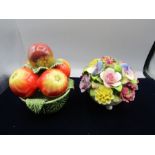 Royal Doulton coddler, glazed fruit bowl, Aynsley bouquet, honey pot and Norwich lidded pot