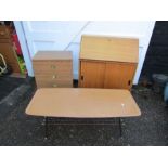 Mid century furniture including bureau, coffee table and bedside drawers