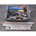 Box of tools including vintage spirit levels etc