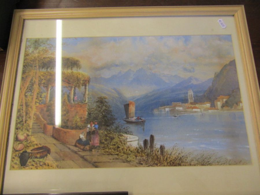 Watercolour of an Italian lake scene- signed, engraving of a New York scene by Claire Leighton and a - Image 3 of 5