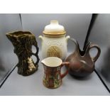 Rumtopf West German lidded pot, Sylvac fauna vase, Cottageware jug and a pottery jug