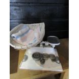Vintage baby scales with weights and wicker weighing basket- includes a crochet blanket