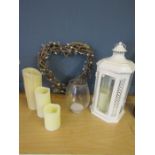 Home decor items- lantern, votive, flameless candles and willow heart
