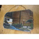 Mid century wall mirror with painted scene 33cm x 56cm approx