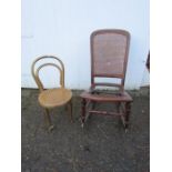Childs Thonet bentwood chair with cane seat and original gold paint and rocking chair in need of new