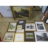 Framed pictures in various media, mostly landscapes