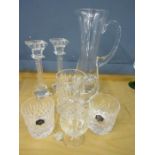 Stuart crystal whiskey glasses, a water jug, glass candlesticks, tankard