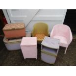 Lloyd Loom style furniture including ottomans, chairs and bedside cupboard etc