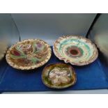 2 studio pottery bowls, largest 27cm diameter and a Chelsea Pottery shallow dish 16.5cm long