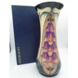 Moorcroft vase in Foxglove design by Rachel Bishop, waisted cylindrical form, approx 31cm tall,