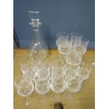 Cristal decanter with matching glasses- 7 sherry, 5 stemmed and 7 sherry