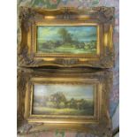 Horse and carriage print and Horses on a hunt in matching gilt frames 14.4x9.5"