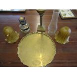 A brass tray with etched detail, 2 light shades and oil lamps