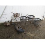 2 metal garden bicycle planters and metal duck ornament A/F