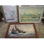 Lowry print 'Northern river scene' and 2 other boat theme prints