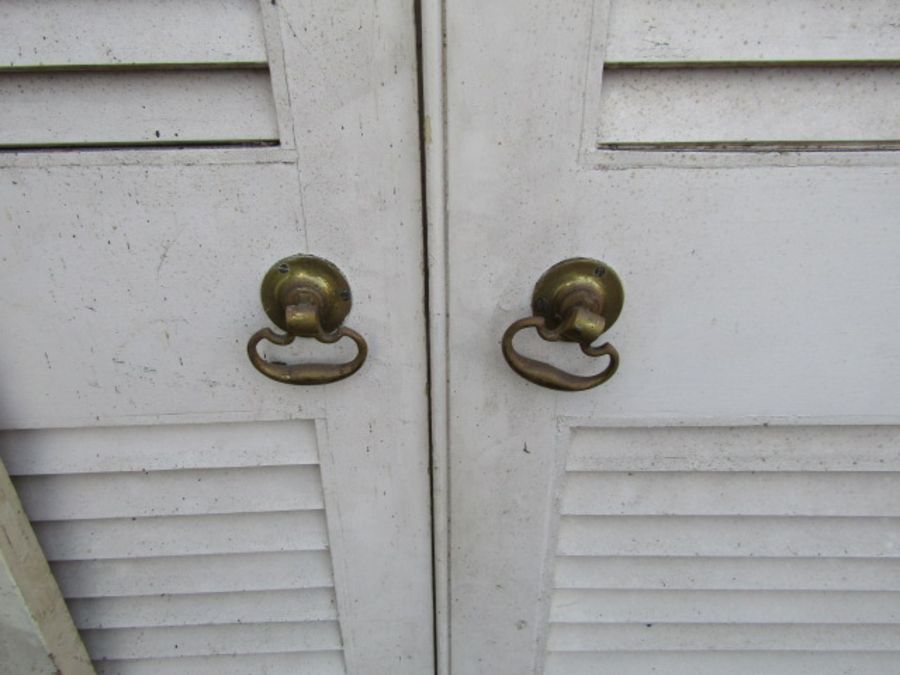 Pair of painted louvre doors and single louvre door, all with door furniture. Pair H194cm W141cm - Image 2 of 4