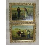 2 farming pictures- 'The Gleaners' and 'potato famine' in gilt frames 32cm x 42cm approx