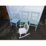 Painted corner chair with cane seat, pair of painted chairs and painted children's rocking chair