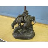 'Bronzed' lamp base of a man with his horse and dog