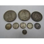 coins- 2 double Florins 1887 2/6 1825, 1837 silver 3 half pence, silver 3ps