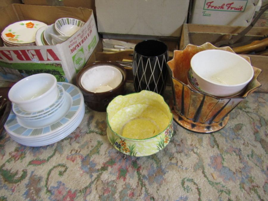 A stillage of mixed items to include china, glassware, kitchenalia, tools, leather bag, clocks, - Image 10 of 12