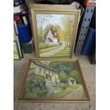 2 Framed oil on board paintings, both signed, and 2 framed pictures