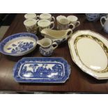 Royal Winton oval platter, Blue and white sandwich tray, dish, gravy boat and jug, 6 mixed mugs
