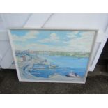 Oil on canvas signed painting in frame depicting a harbour 102cm x 131cm approx