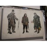A portfolio with hand drawn Victorian costume designs, maybe used for theatre or film productions-