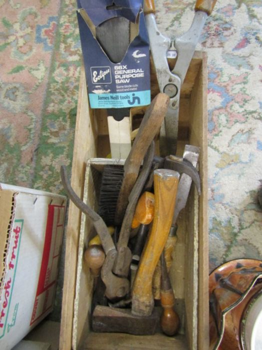 A stillage of mixed items to include china, glassware, kitchenalia, tools, leather bag, clocks, - Image 6 of 12