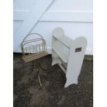 Retro metal magazine rack and painted wooden bookstand with brass handles