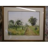 Watercolour depicting a country lane 24x20" signed 'Stew'