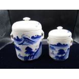 Chinese blue and white porcelain pots, double boiler? lid on inside of larger pot