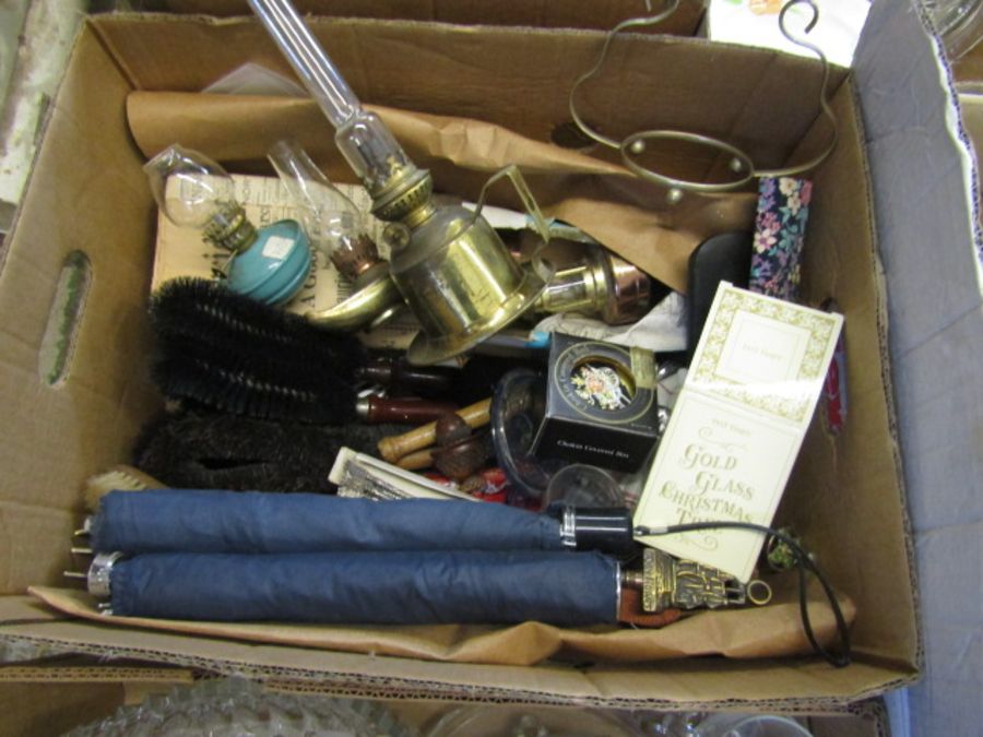 A stillage of mixed items to include china, glassware, kitchenalia, tools, leather bag, clocks, - Image 3 of 12