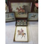 C. Spencelayh print of horse going out, 3 cavalier prints and framed cigarette silks