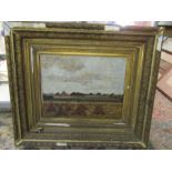 Jean Baptiste Wint landscape oil on board depicting a harvest scene in gilt plaster frame