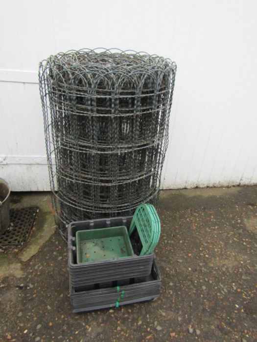 Roll of wire fencing and plant trays etc