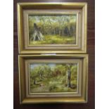 D. Brown oil on board of forest scenes x2 and one other 17x13cm