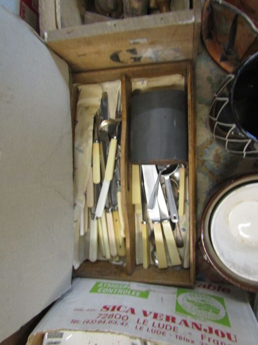 A stillage of mixed items to include china, glassware, kitchenalia, tools, leather bag, clocks, - Image 9 of 12