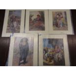 5 mounted prints of girls with head scarfs