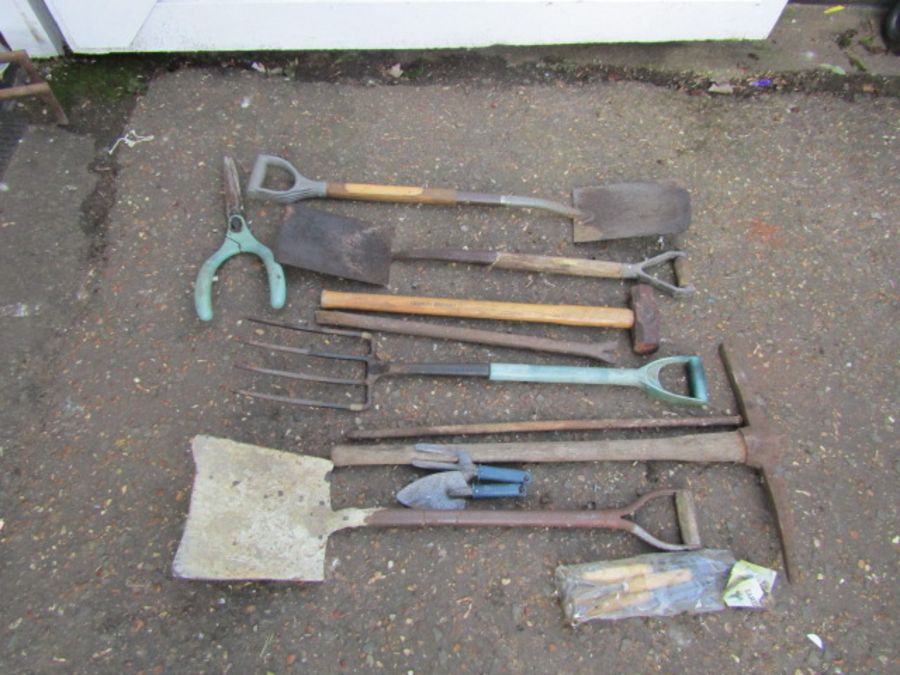 Garden tools including sledge hammer and pick axe etc