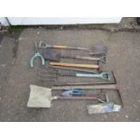 Garden tools including sledge hammer and pick axe etc