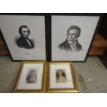 Beethoven and Choplin portrait prints, mounted on board and 2 vintage photo's of young girls